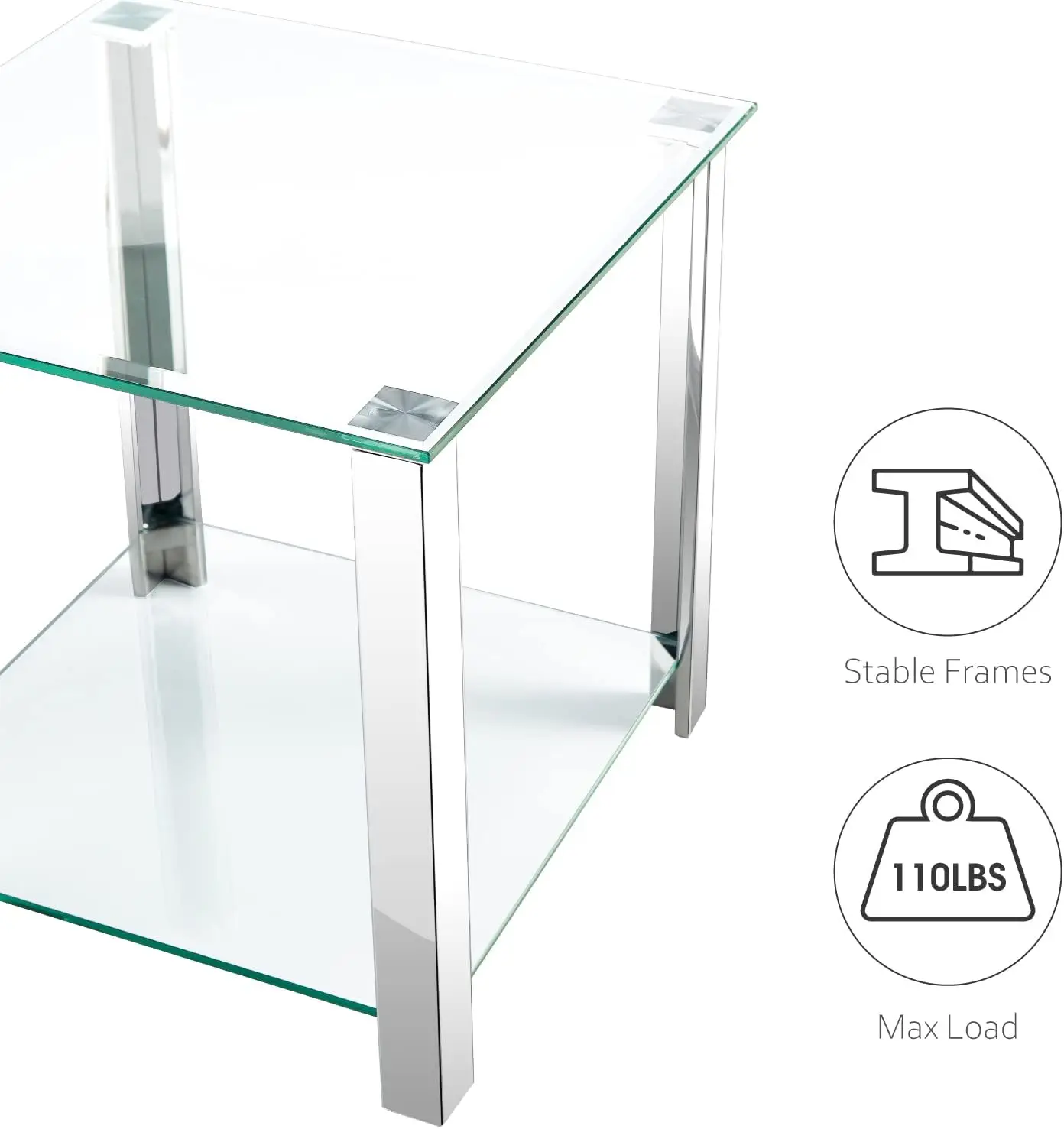 Glass End Table,Side Table With 2-Tier Storage,Coffee Table With Stainless Steel Frame,Living Room Table Modern Style For