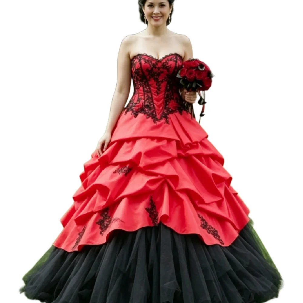 Elegant Red Black Gothic Wedding Dress Ball Gown Victorian Tiered Ruffles Lace Bridal Wear Alternative Brides Costume Bride Gown