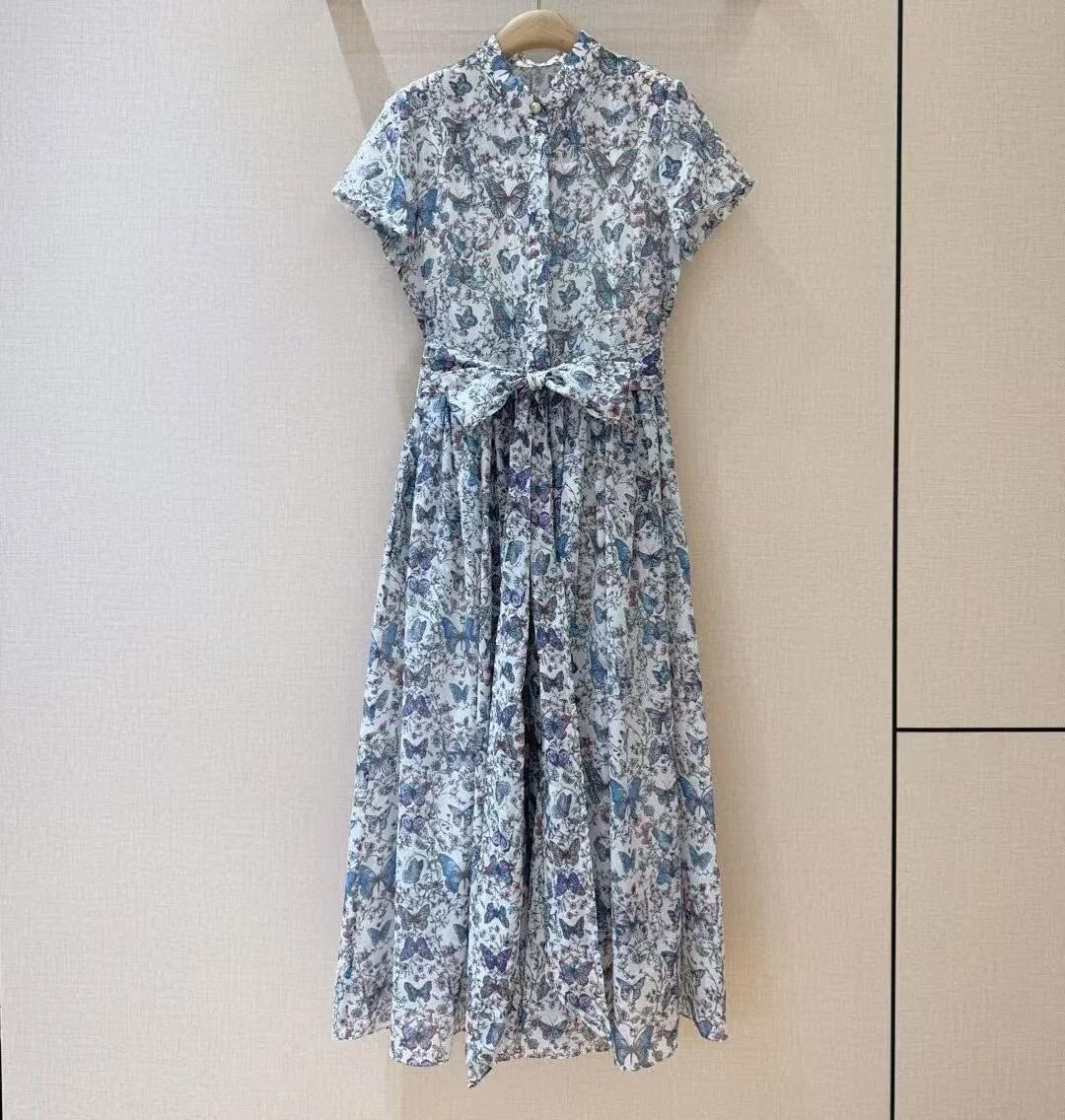

100%Cotton Long Dress 2025 Summer Fashion Lady Sweet Cute Floral Prints Bow Belt Deco Short Sleeve Elegant Party Maxi Dress