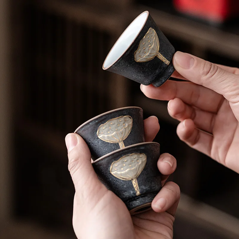 Lotus Seedpod Teacup, Handmade Official Kiln Rough Pottery Master Cup Set, Retro Kung Fu Tea Small Tasting Cups for Tea Ceremony