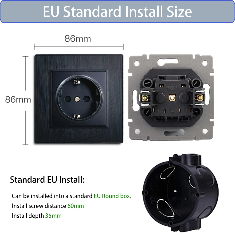 Interruttore da parete standard UE Piastra spazzolata nera, pulsante, interruttore passante, scatola rotonda adatta CE RoHs, nuovo design