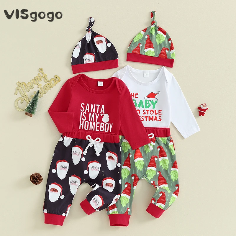 

VISgogo 3Pcs Newborn Clothes Set Baby Boy Christmas Letter Print Romper and Drawstring Pants Hat Outfits Infant Xmas Clothing