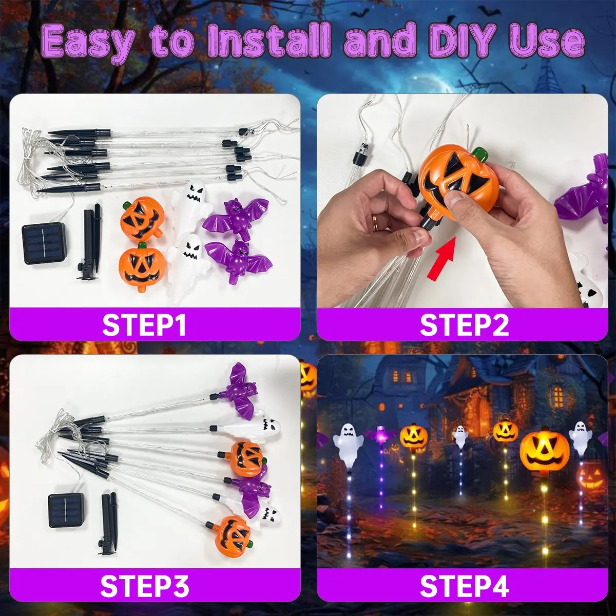 1 Set 6pcs Halloween Solar Pumpkin Ghost Bat Stake Lights Outdoor Pathway Garden Lights For Yard Lawn Patio Front Party Decor