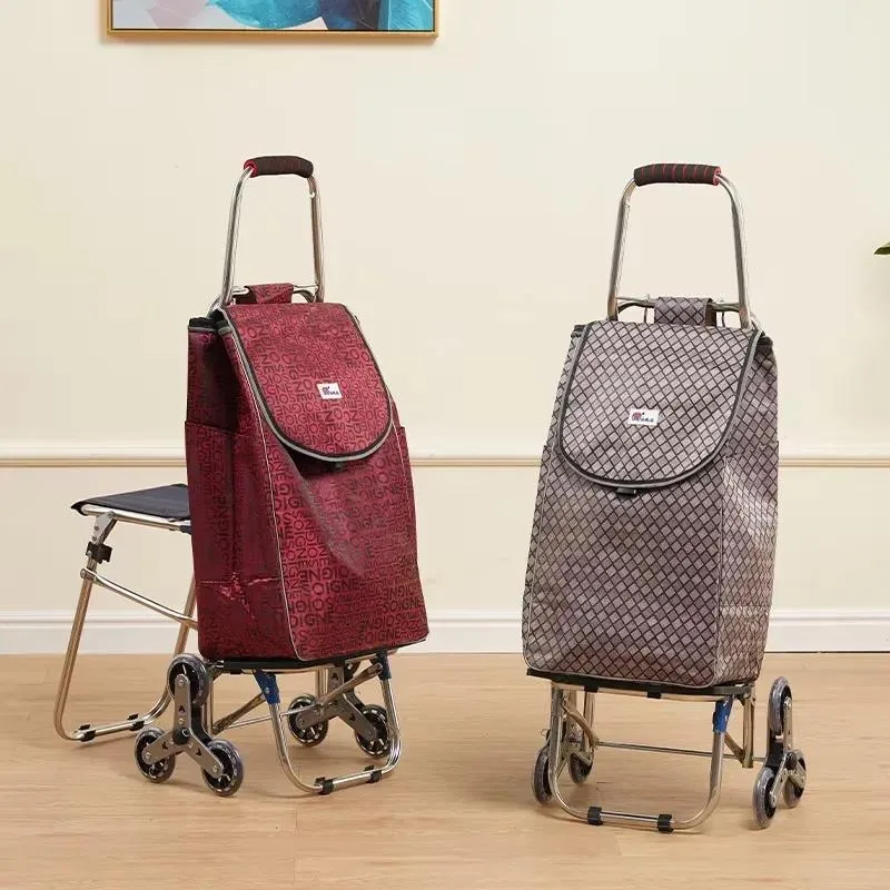 Elderly Shopping Cart with Seat, Foldable Stainless Steel Small Cart That Can Climb Stairs for Convenient Grocery Shopping