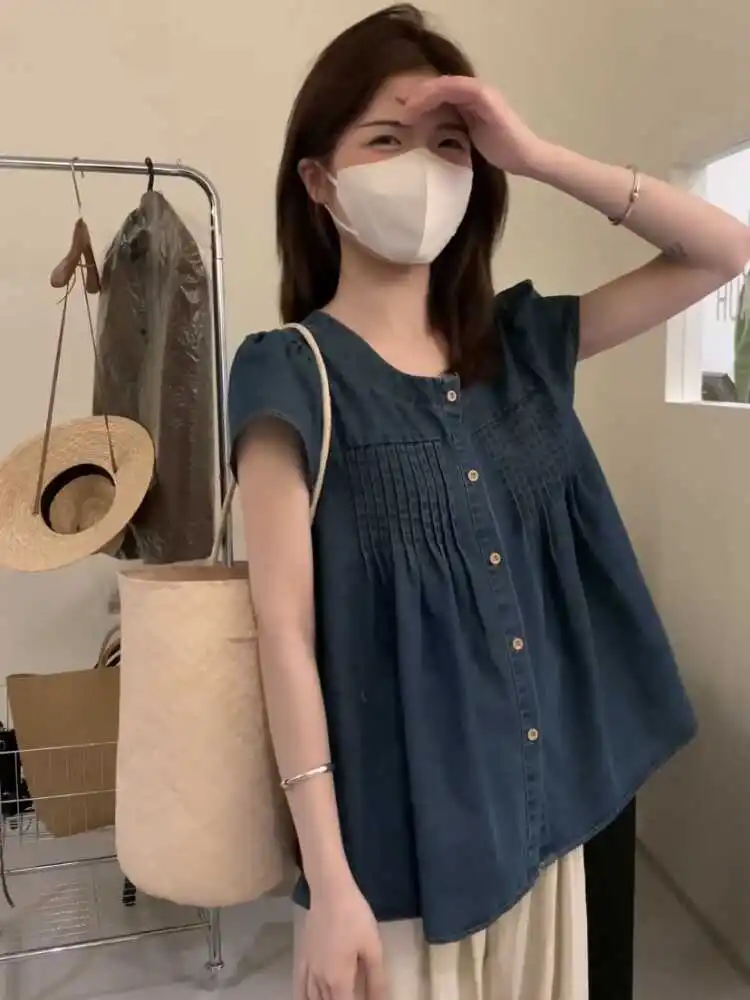 

Повседневный летний тонкий свободный женский джинсовый круглый Ne плиссированный топ ort Sve Faionable Универсальный дышащий Fly Sve