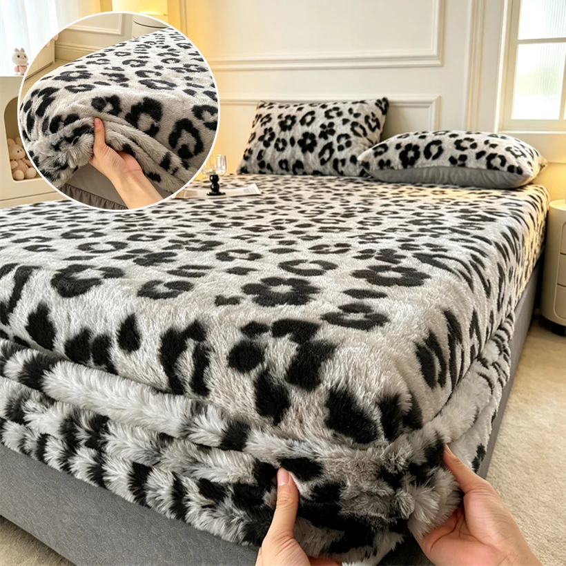Leopard Print Fleece Fitted Sheet Thick Faux Rabbit Fur Bed Sheet Set Fluffy Shaggy Mattress Cover Protector Soft Warm Bed Cover