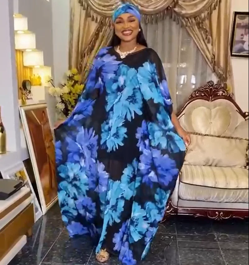 New Fashion African Dashiki Chiffon Free Size Long Dress For Women Summer Print Flower Abaya With Inner And Headtie Scarf Gown