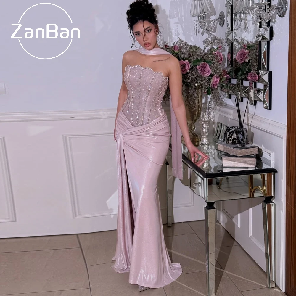ZanBan customized 2026 Delicate Beads Scarf Evening Dresses Strapless Sleeveless Party Dresses Floor-Length Pleated Prom Dresses