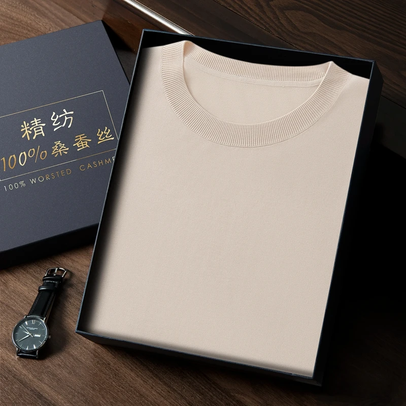 High-End Authentic Mulberry Silk Short-Sleeved T-Shirt Men's Summer Vest Business Casual Ice silk Thin Round Neck Pullover Shirt