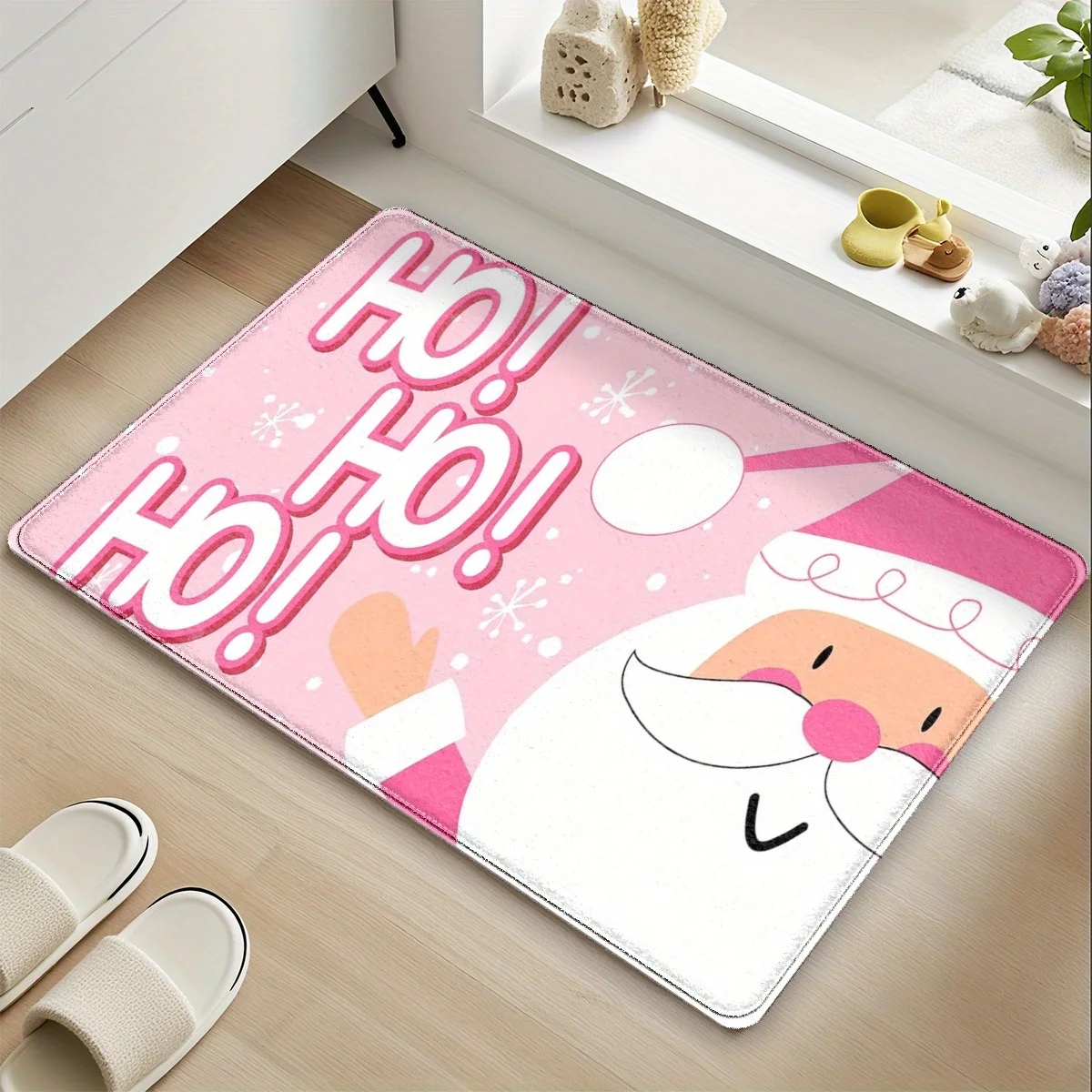 Pink Santa Snowflake Floor Mat, Soft Flannel Non-Slip Mat,Cute Heart Cutout Design for Bathroom, Kitchen,Entryway, Holiday Decor