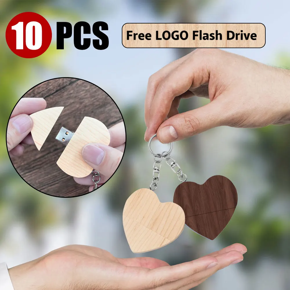 Promotion Wooden heart-shaped U disk 10 pcs Free logo USB 2.0 4GB/8GB/16GB/32GB/64GB USB flash drive free shipping