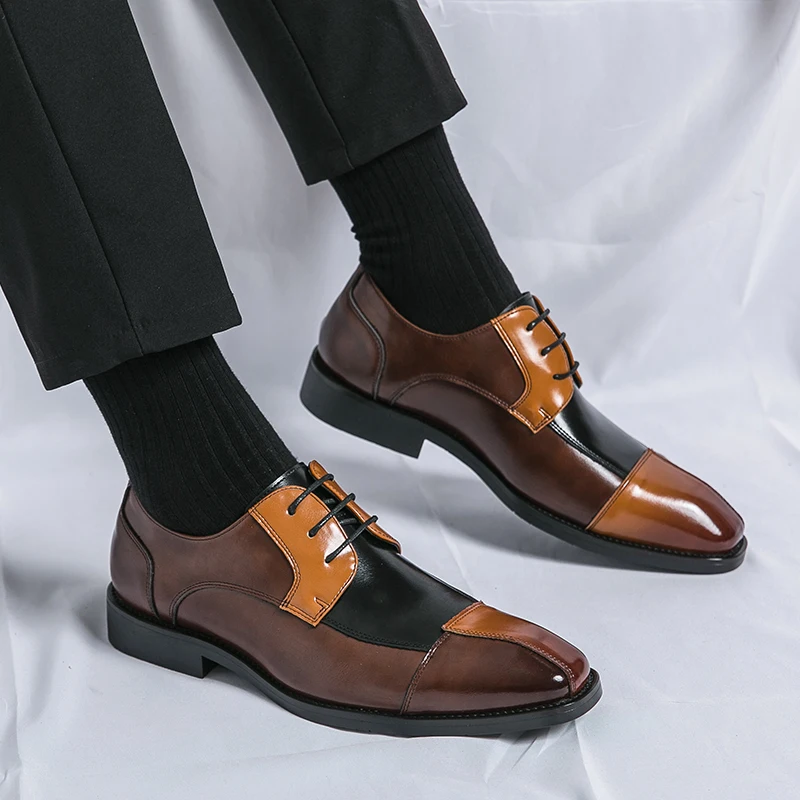 New Fashionable Derby Shoes Men Shoes Pointed Lace up Business Office Dress Shoes Black Yellow Blue Yellow Size 38-48 Men Shoes