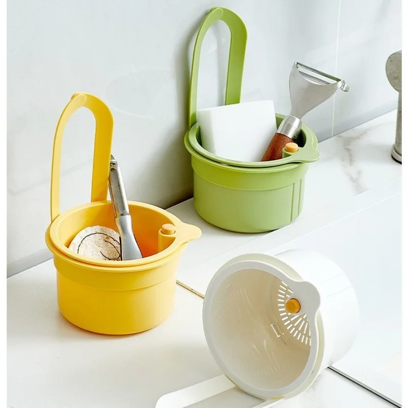 No Drill Hanging Kitchen Drain Basket Sink Organizer With Separate Filter Sponge Holder For Kitchen Sundry Storage