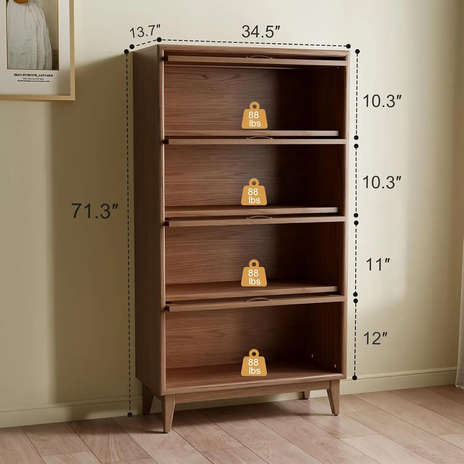 Solid Wood 4 Tier Bookcase with Glass Doors, Wooden Shelf 60H/32W/14 Inch Khaki, Antique Storage for Home Office, Customized