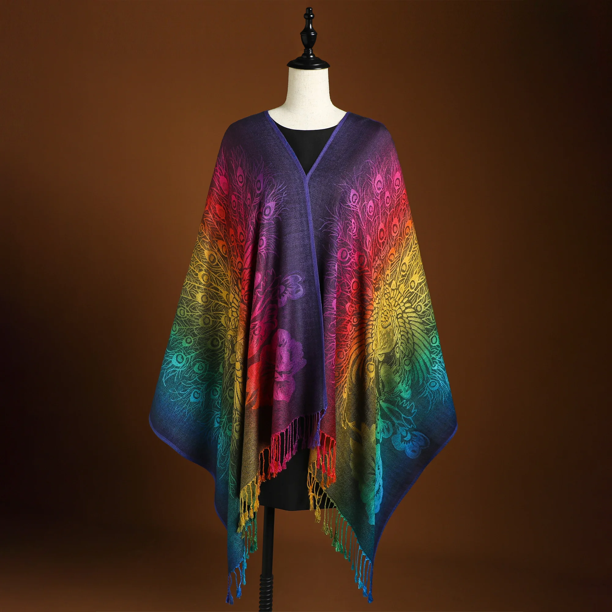 Elegant Peacock Feather Jacquard Scarf with Gradient Colors and Tassels - Perfect for Mardi Gras, Beach, and Casual Wear