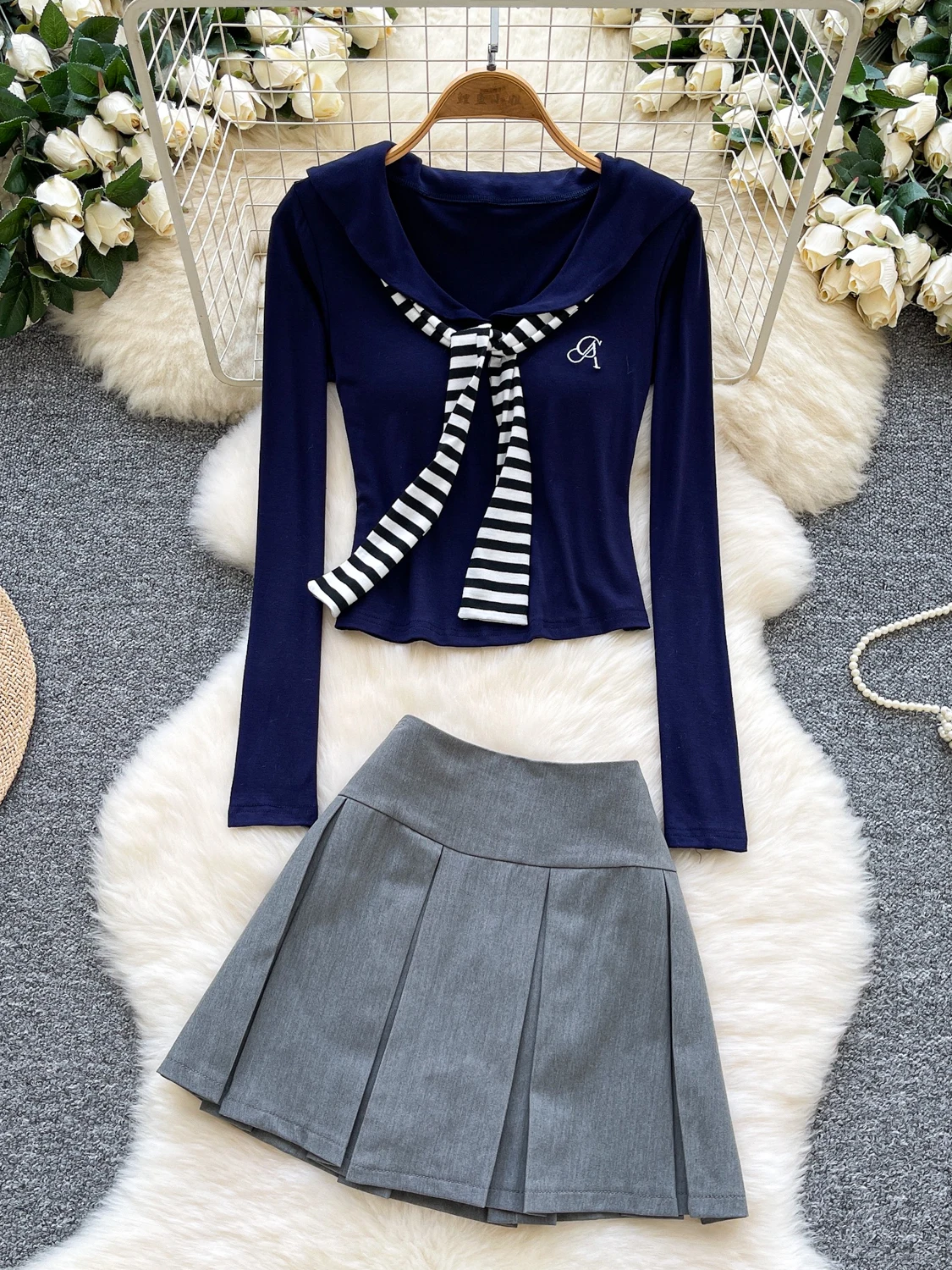 

High Waist Pleated Skirt And Slim Fit Long Sve Striped irt Collar Women's Faion Set Autumn College Sle Ensemble