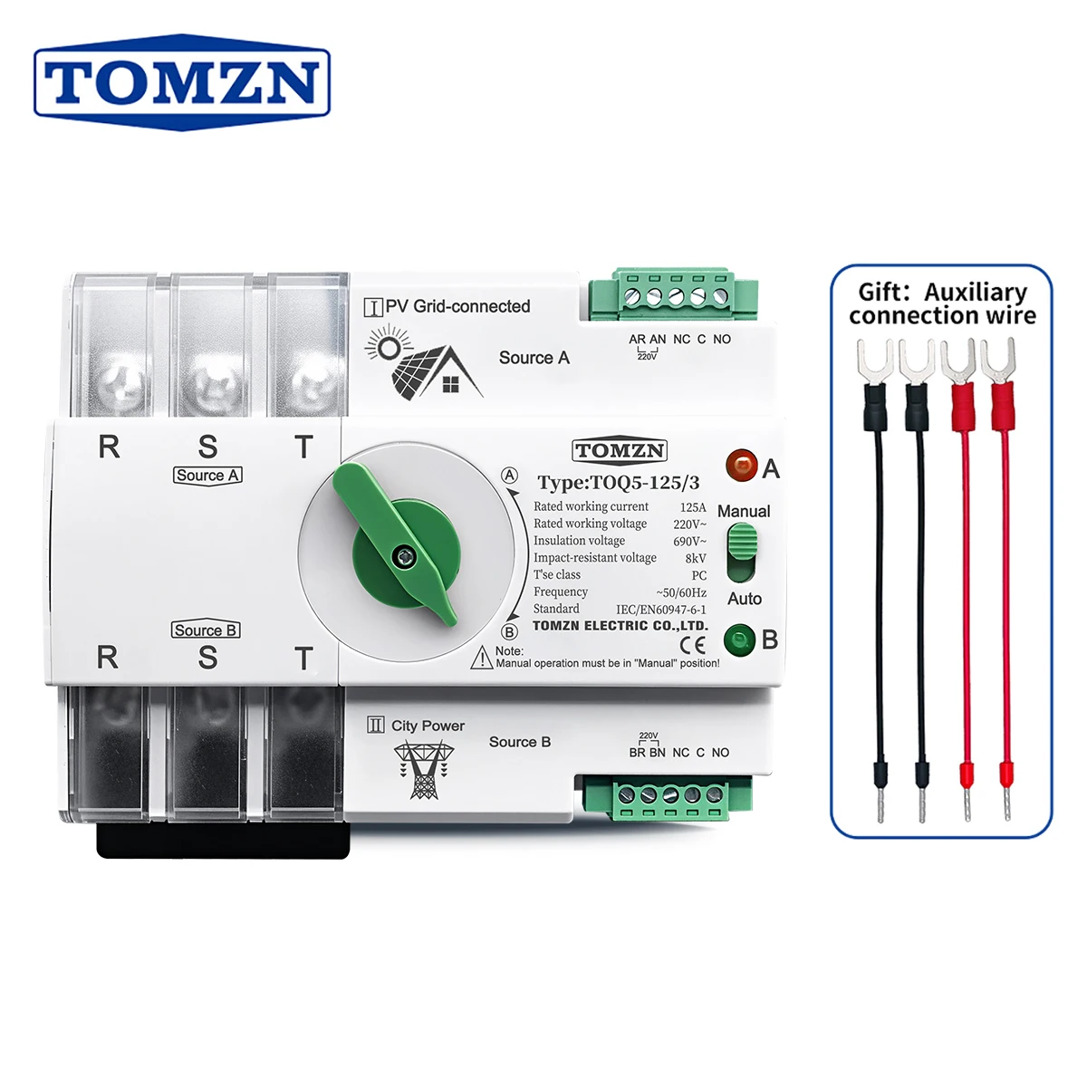 TOMZN 3 Phase DIN Rail ATS For PV Inverter Dual Power Auto Transfer Selector Switches Uninterrupted 2P 230V/380VAC 63A 100A 125A
