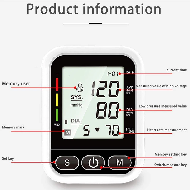 Arm Blood Pressure Monitor Pressure Sensor Monitor BP Equipment Automatic Tonometer Digital Tensiometer LED Display Arm Cuff