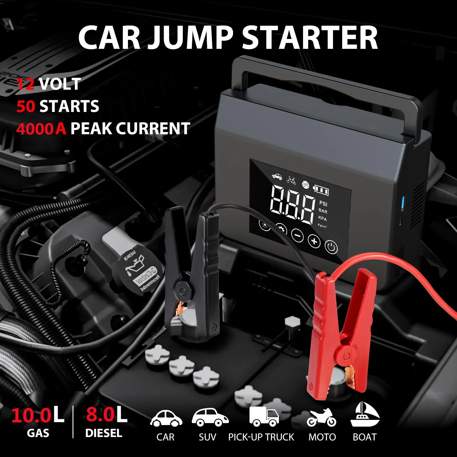 LONLINK Portable Car Jump Starter Air Pump Air Compressor 150PSI 4000A Fast Battery Jump Starter Charger Type-C Quick Charge