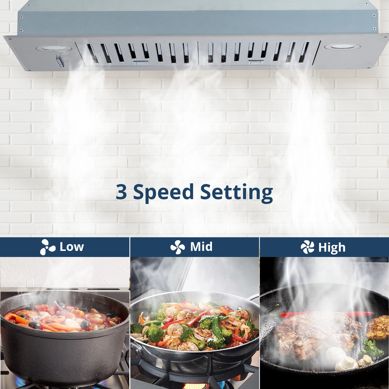 Odor and Smoke Elimination Kitchen Hood 30ft 400CFM LED Touch 3 Speed Exhaust Fan Built-in/Plug-in Stainless Steel for Kitchen