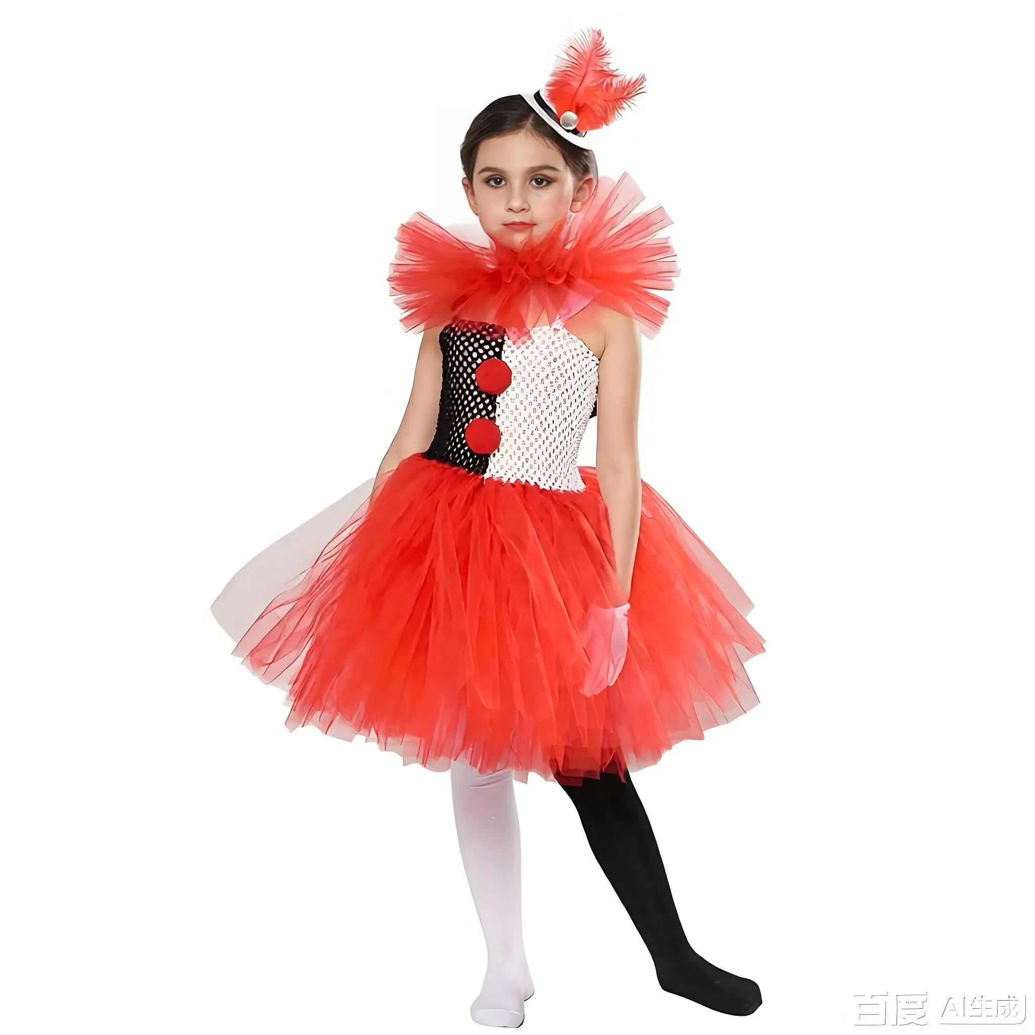 Halloween Carnival Girls Cosplay Horror Red and White Clown Princess Tutu Dress Accessories Set With Hat Gloves Stockings Props