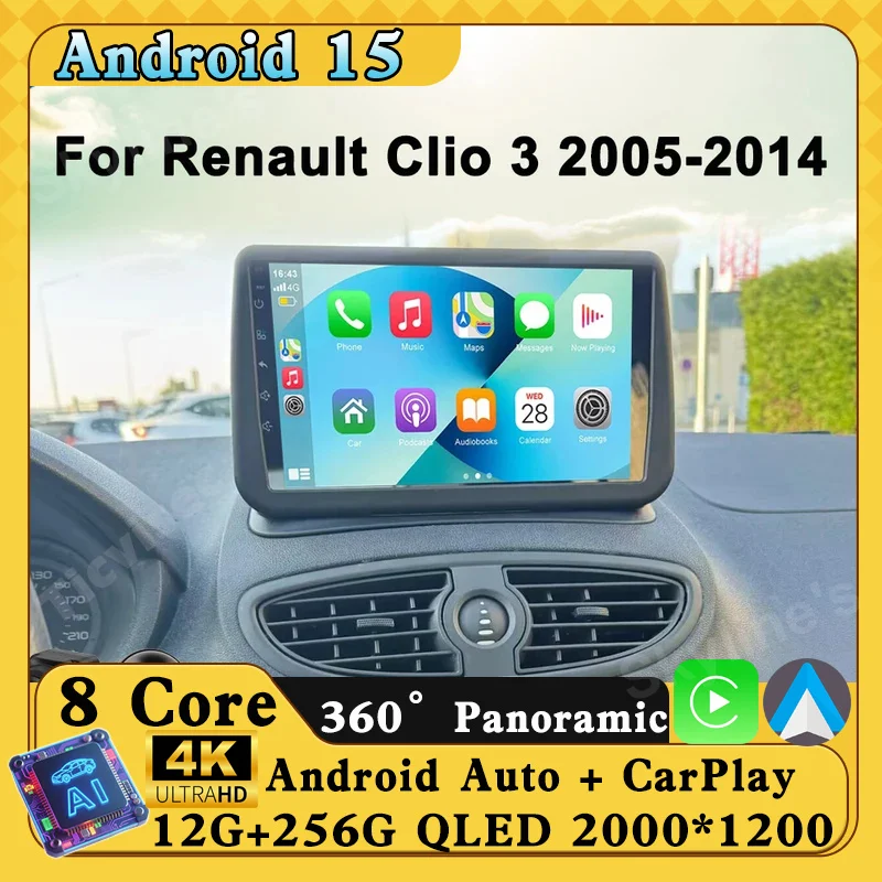 Para Renault Clio 3 CLIO 3 2005-2014 Rádio de Carro com Navegação GPS Android Auto Carplay Estéreo Android 16 DVD Player