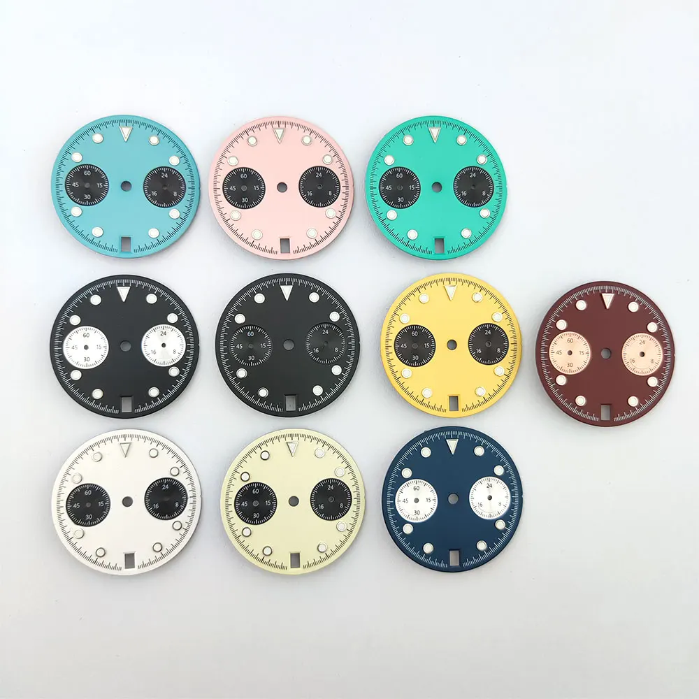 29mm VK64 Watch Dial Hands Set 6 O 'clock Calendar Two-Register Faces Green Luminous Men's Diving Watch Modification Parts