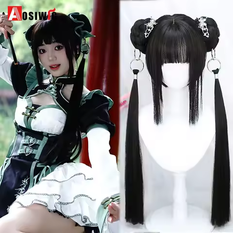 Black Synthetic Straight Lolita Wig Anime Short Hair Loop Double Ponytail Natural Short Straight Head Cover Wig For Daily Party