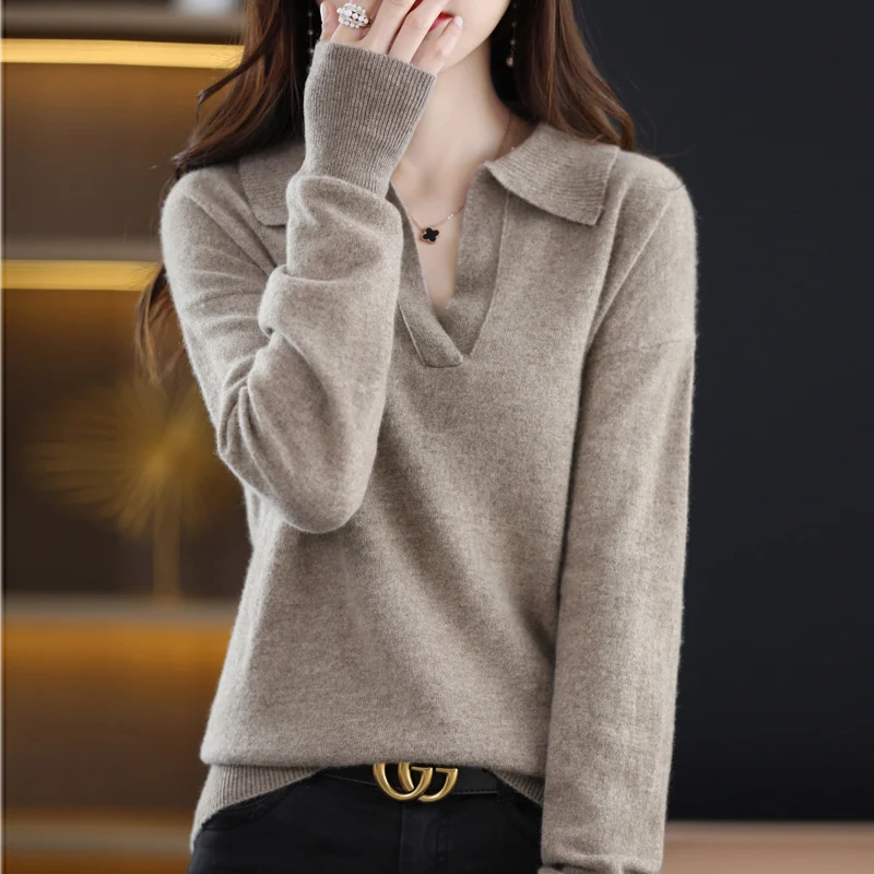 Women 100% Merino Wool Soft Sweater Polo Collar Pullover Casual Knit Sweater Autumn Winter Warm Solid Color Long Sleeve Tops