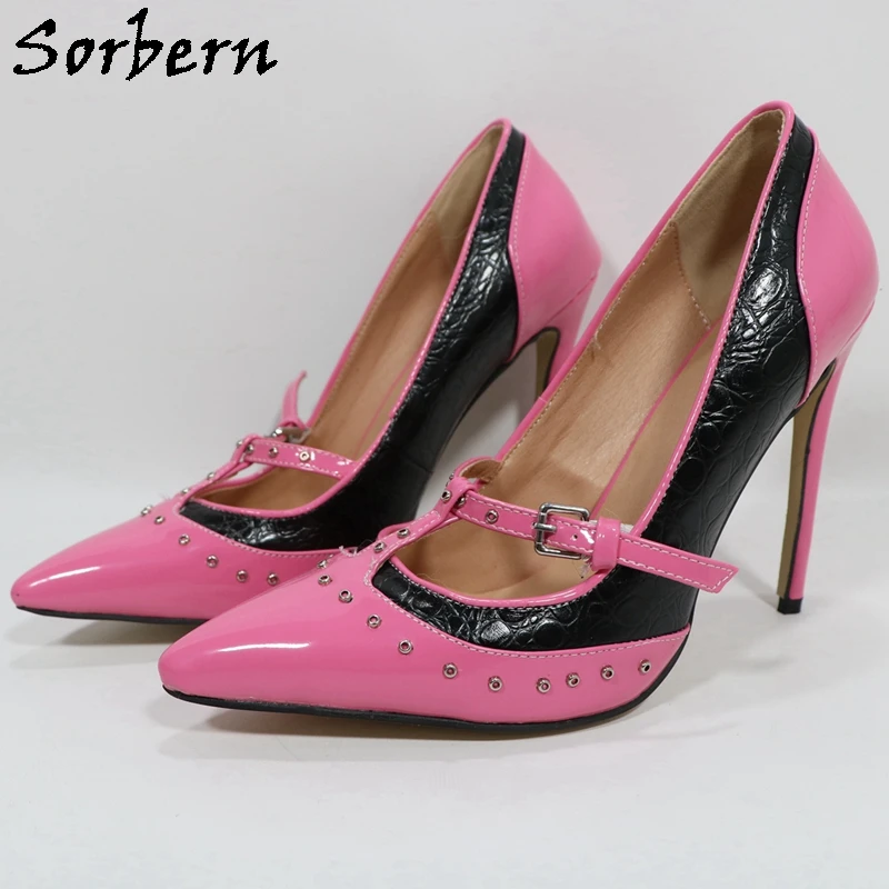 

Sorbern Pink Patent Women Pump Shoes T-Strap Stone Pressed Rivet Mary Janes Pointed Toe Ladies Shoes Ol Party Heels Multi Color