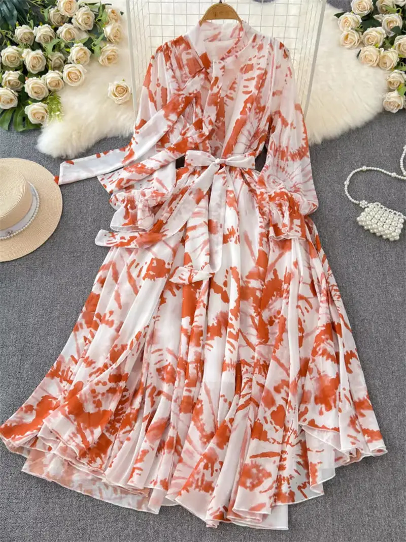 French Elegant Spring Dress Fashion 2024 Beautiful Women\'s Clothing V-Neck Lace Up Bow Neck Slim Fit Chiffon Holiday Dress K378