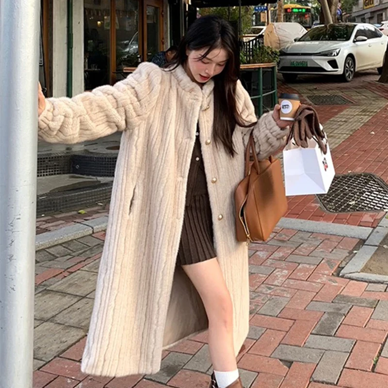 Women Faux Fur Long Coat Elegant Vintage Thick Warm Jacket Faux Mink Single Breasted Stand Collar Loose Casual Winter Outwear