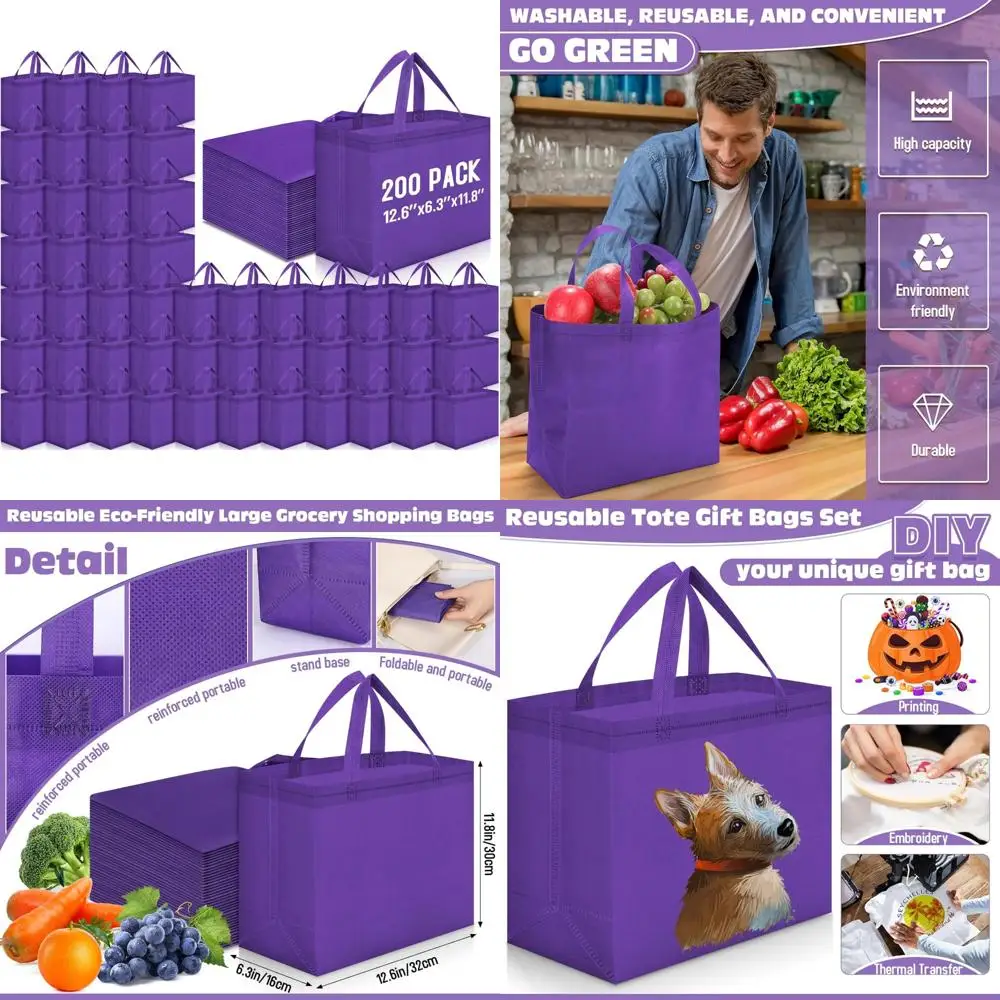 Large Foldable Non-Woven Grocery Bags with Handles, Portable Tote for Bulk Shopping, 12.6 x 11.8 x 6.3 Inch, Reusable and Eco-Fr