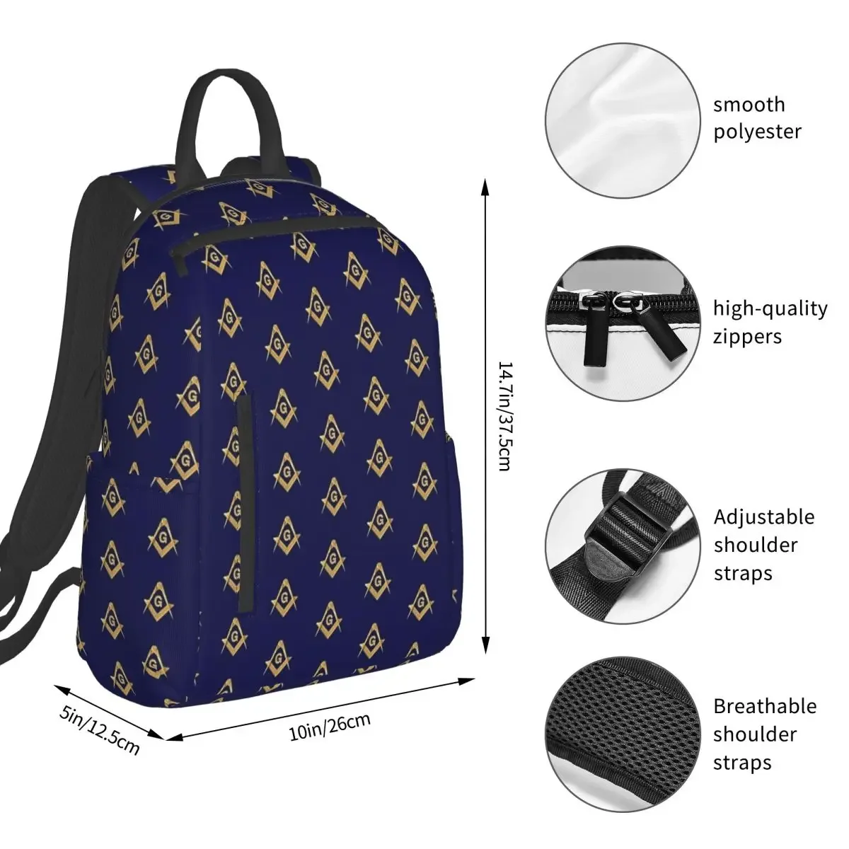 Freemason Pattern Gold Blue Square And Compass Masonic Backpack Student BookBag Children School Bag Computer  Men Women