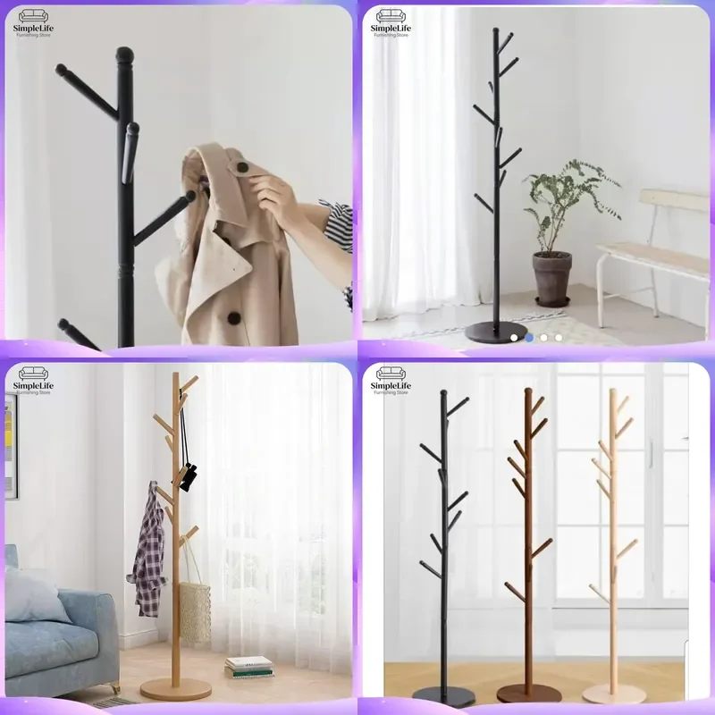 Modern Rubber Wood Coat Rack Freestanding Clothes Hanger Stand Hallway Entryway Organizer Home Furniture Storage Shelf Decor