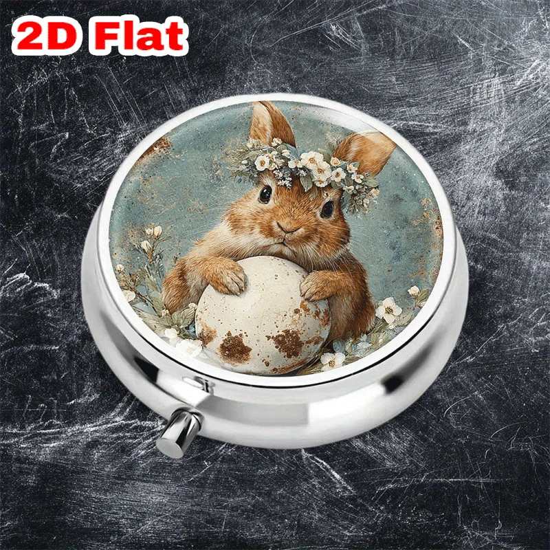 A Single Portable Round Metal Pill Box with Three Compartments, Adorned with a Charming Rabbit and Wreath Design, Is Perfect for Organizing Medication and Adding a Festive Touch for Halloween and Christmas