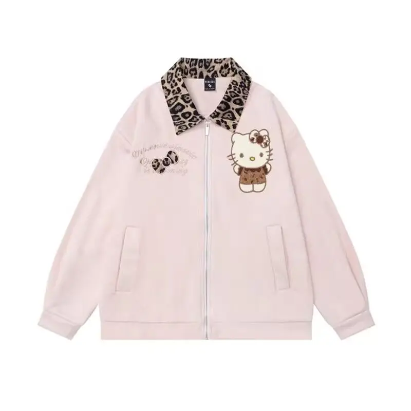 

Бейсбольная куртка с вышивкой Kitty Lapel для девочек, свободная, на молнии, с вышивкой, повседневная, с длинными рукавами, милый мультяшный розовый осенний топ