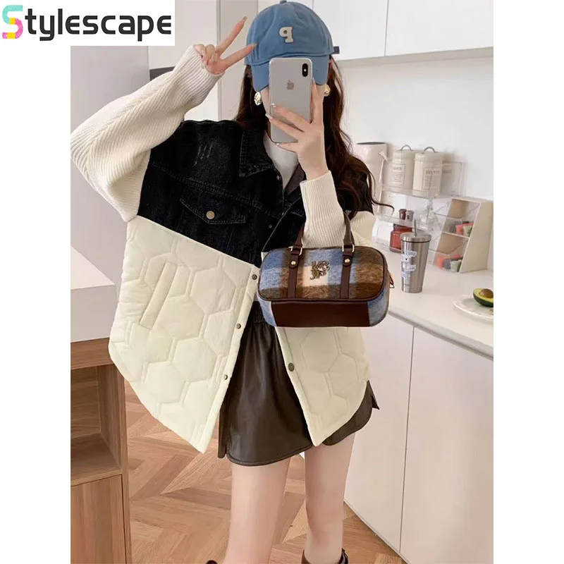

Cowboy patchwork cotton jacket knitted cardigan women's ins port style autumn and winter new loose sweater jacket