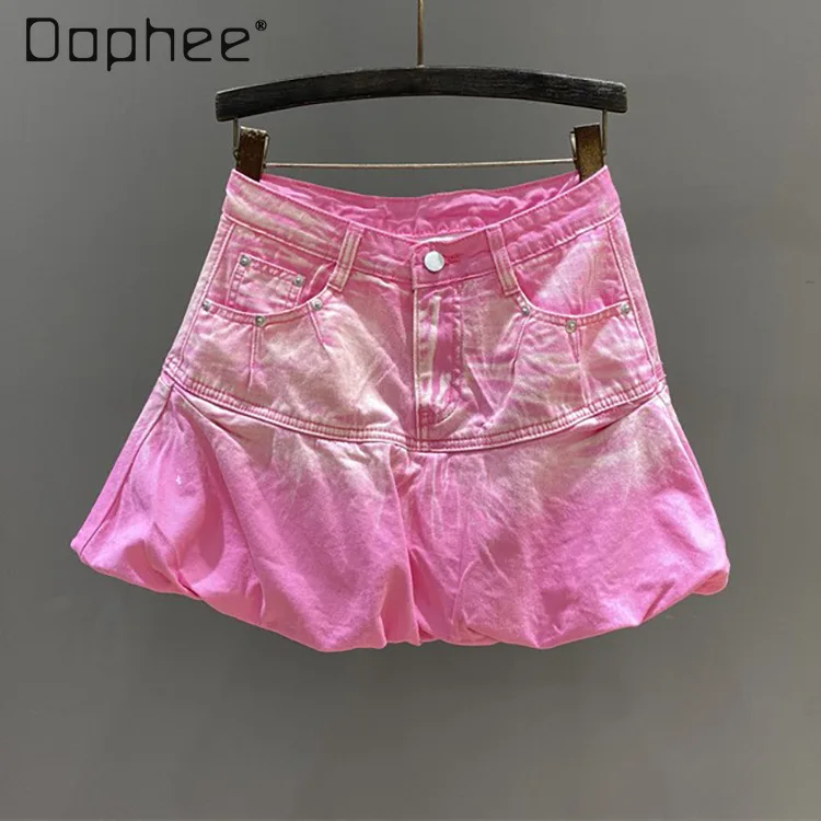 Hot Sweet Gradient Bud Skirt Summer High Waist A Line Slimming Denim Mini Skirts Fashion Chic Design Jean Skirt For Women