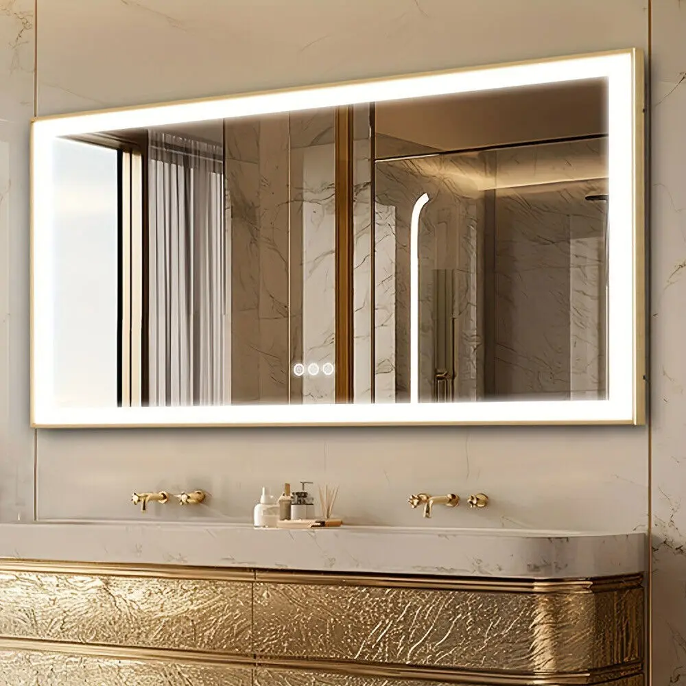 Large LED Bathroom Mirror Rectangular Wall Vanity Mirror with Colour Illuminated Dimmable Antifog Golden Frame IP56 Rated 1400mm