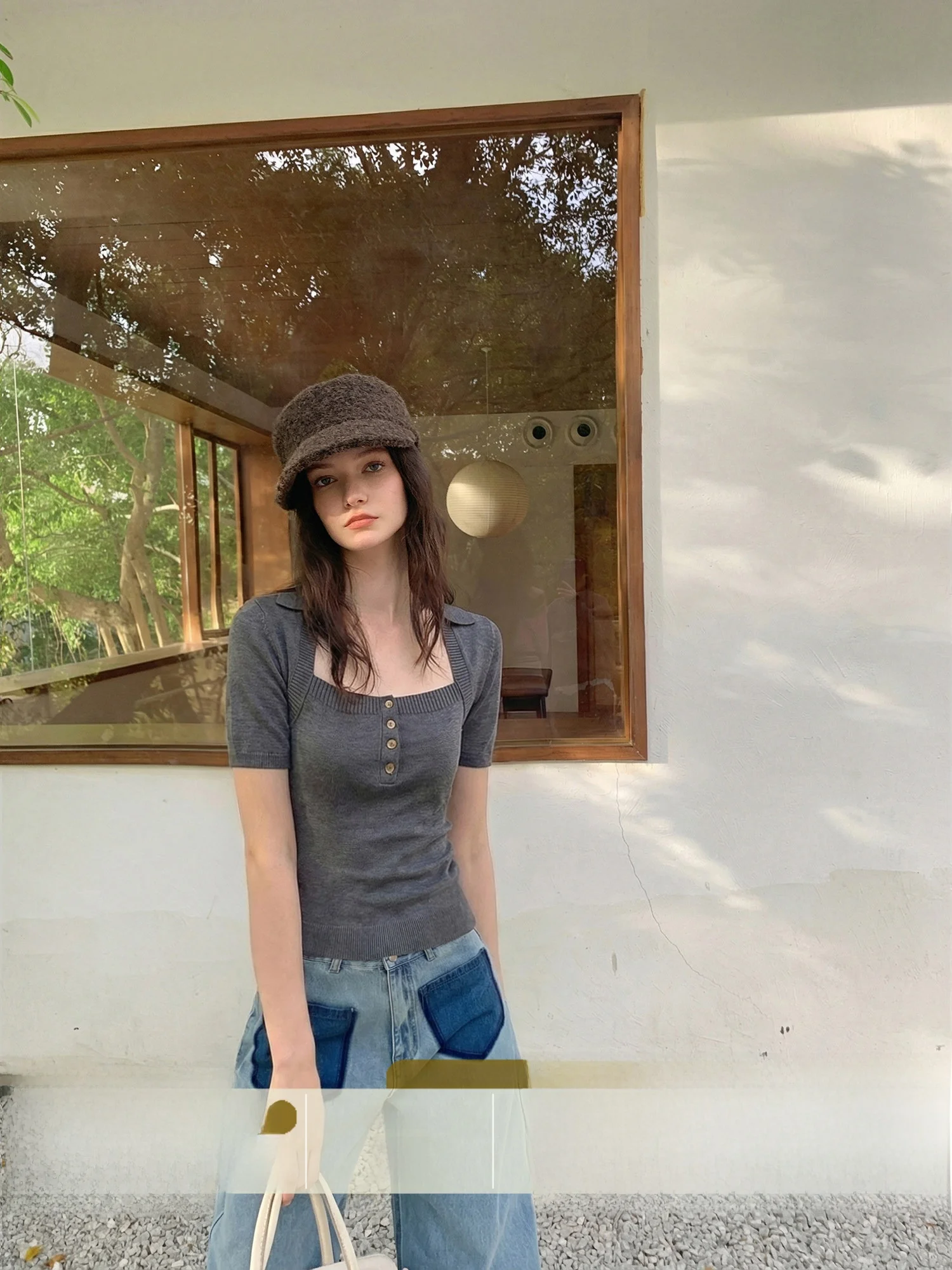 

Вязаная футболка Creamsu с коротким рукавом, женская, приталенная, с квадратным вырезом, летний топ, стильный дизайн, с вырезом на плечах, повседневная, милая.