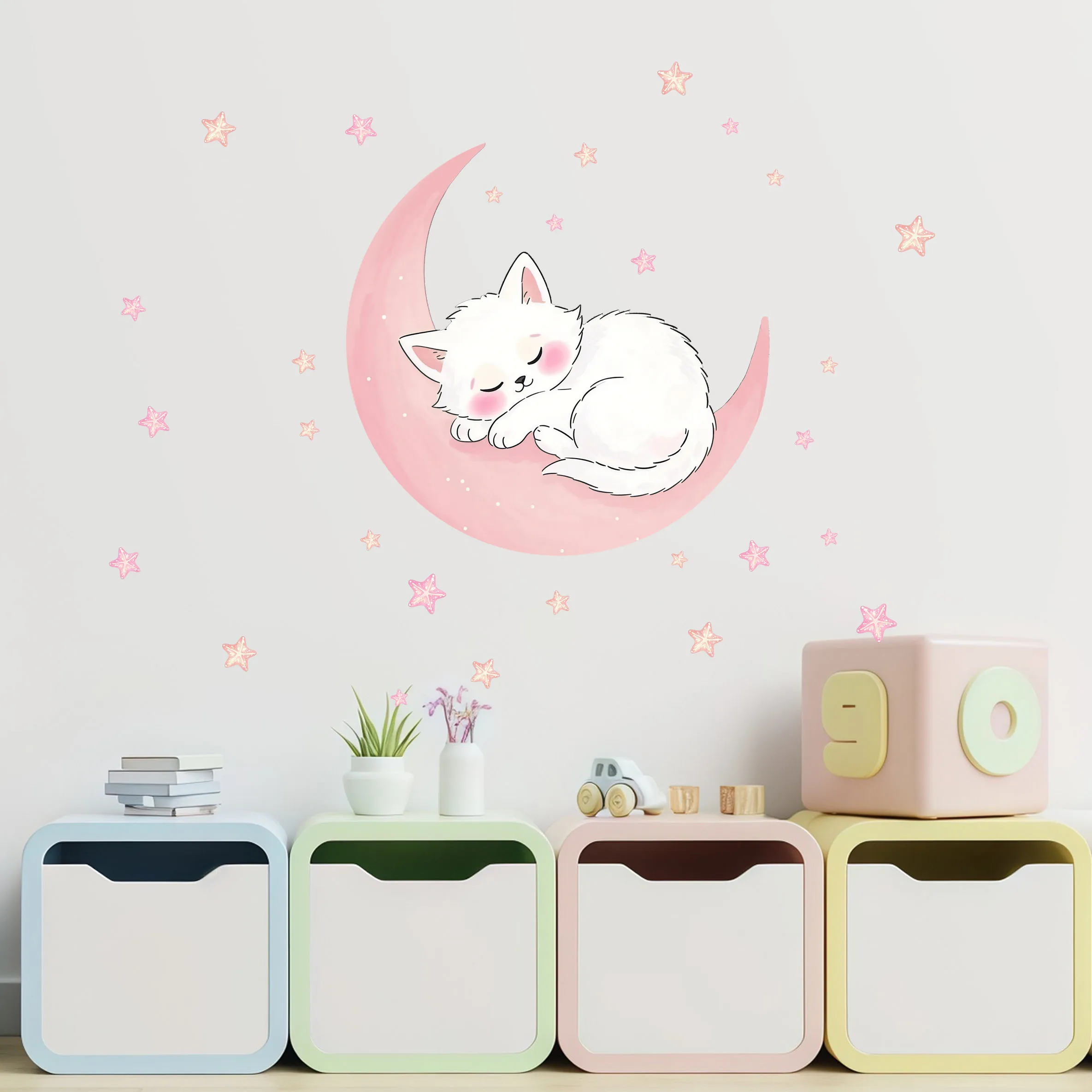 Moon Cat Mi Self Adhesive Wall Stickers Pink Room Decoration Stickers