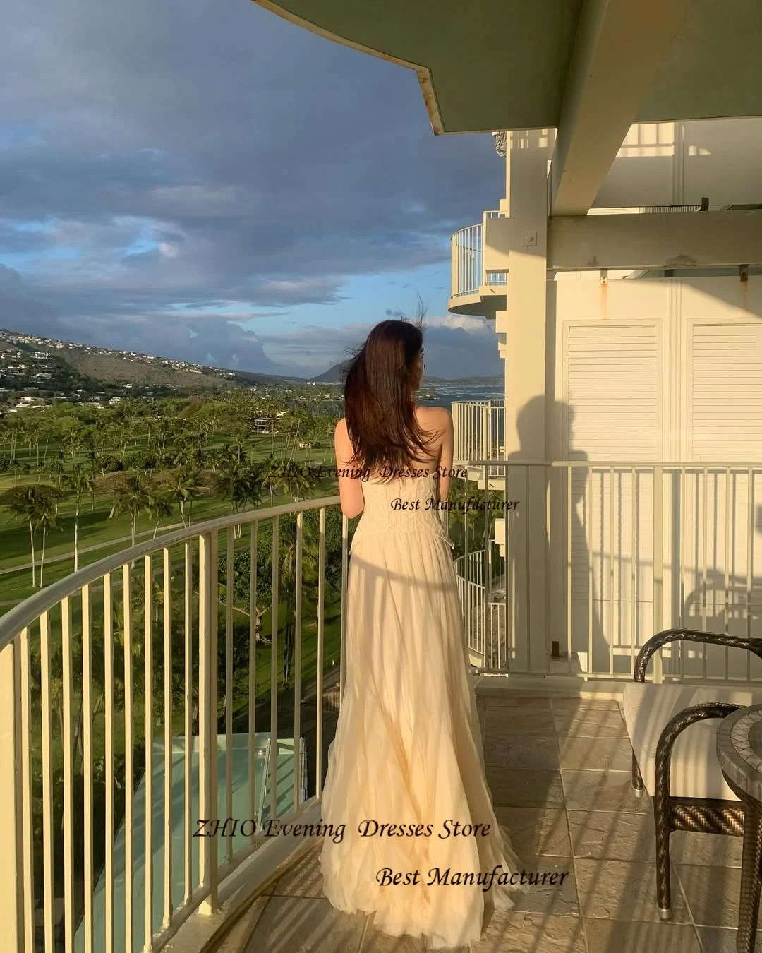 ZHIO Beige Tulle and Lace A Line Sweetheart Korean Wedding Dress Photoshoot Sleeveless Floor Length Formal Bride Gown with Pleat