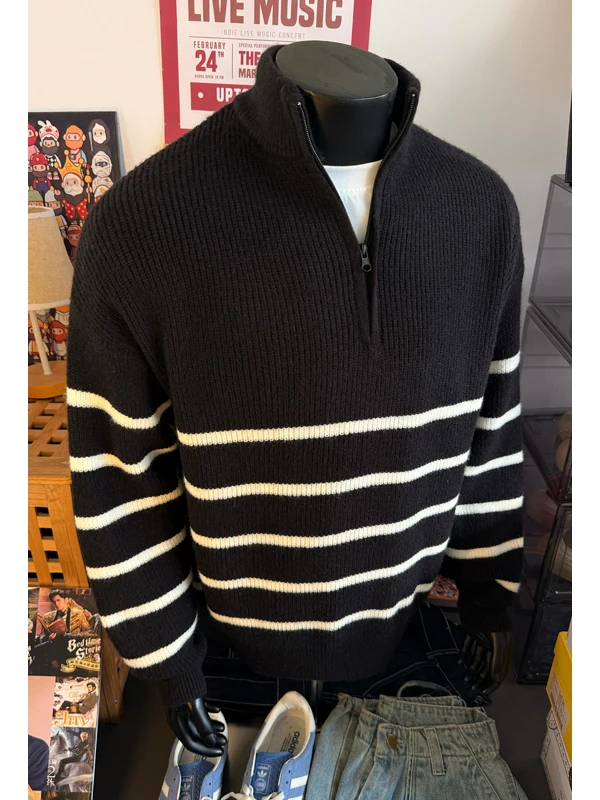 

American Retro Striped Zipper Loose Casual Knitted Sweater Men's Luxury f High Collar Comfortable Breathable Long Sve