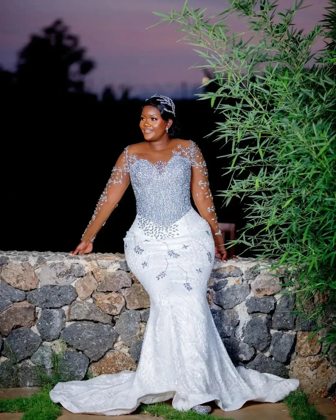 

Customized Plus Size Mermaid Wedding Dress Bride Bridal Gowns Detachable Train Long Sleeves Sheer Beaded Lace Tiered
