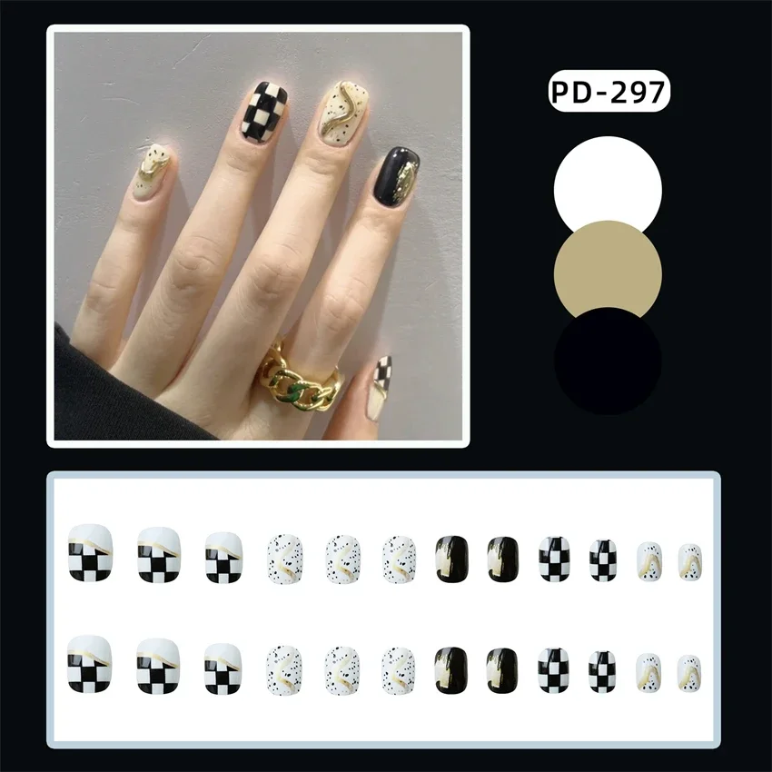 

24Ps/Set Black Gold Chess Checkerboard Design Press on Nail French Artificial Wearing False Nail Short Round Head Fake Nail Tips