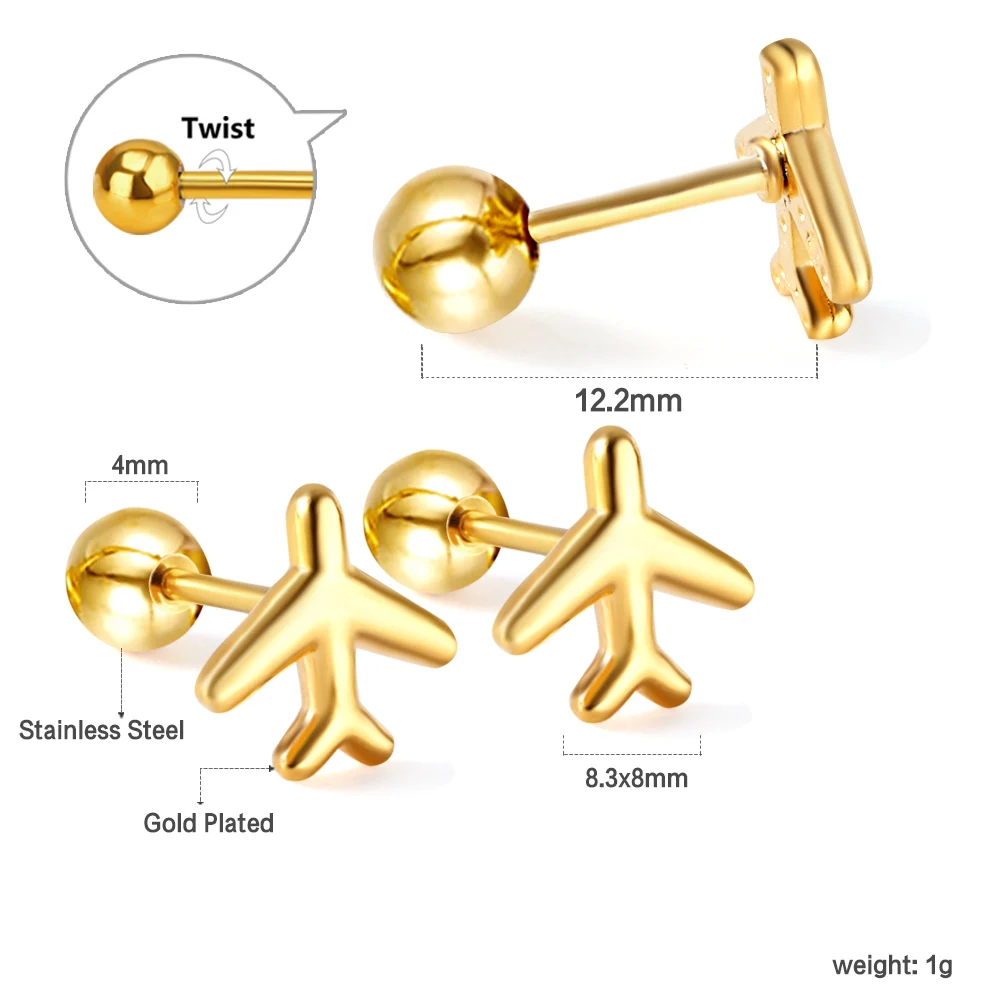 Edelstahl Schmuck geeignet für Frauen Party Metall Material Stahlkugel schraube Stecker Flugzeug Gold Farbe Ohrring Geschenk