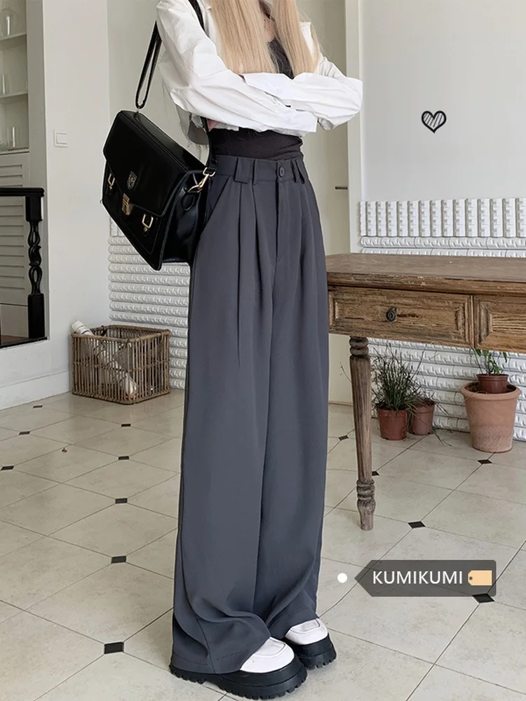 

Gray Drapey Wide Leg Suit Pants High Waist Casual Trousers Women's Summer Slimming Long Pants Floor-Length Elegant Trousers