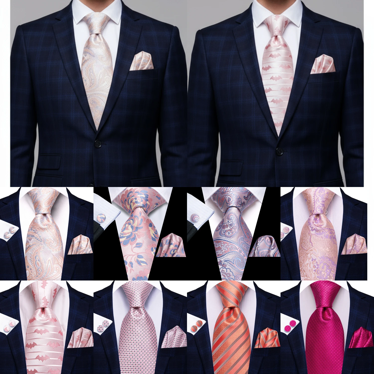 

Hi-Tie Mens Gift Tie Set Pink Solid Striped Silk Wedding Tie For Men Fashion Design Quality Tie Hanky Cufflink Set Dropshipping