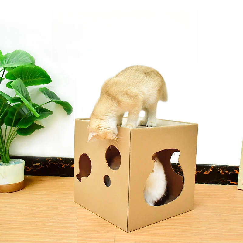 Cat Box Pet House Corrugated Cat house with Scratcher Pad Scratching Board